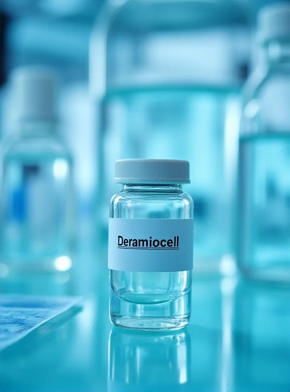 Close-up shot of scientific equipment in a biotechnology lab, with a focus on a vial labeled 'Deramiocel.'