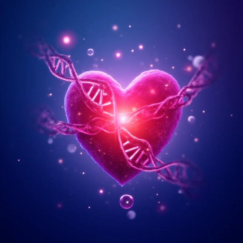 Digital illustration of a stylized heart with DNA strands interwoven, representing potential benefits of Deramiocel for heart conditions.