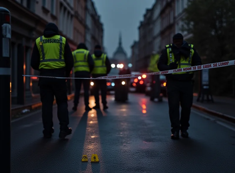 Police officers investigating the scene of a car ramming incident in Mannheim, Germany. The area is cordoned off with police tape, and emergency vehicles are present.