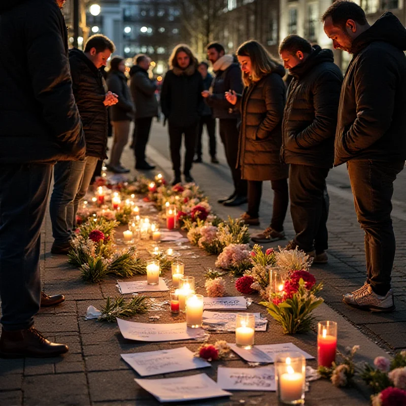 A memorial with flowers and candles set up in Mannheim, Germany, to honor the victims of the car ramming attack. People are gathered, paying their respects.