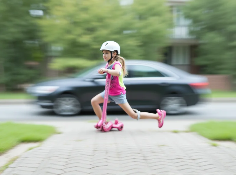 A young girl riding a scooter on a pavement, with a car blurred in the background.