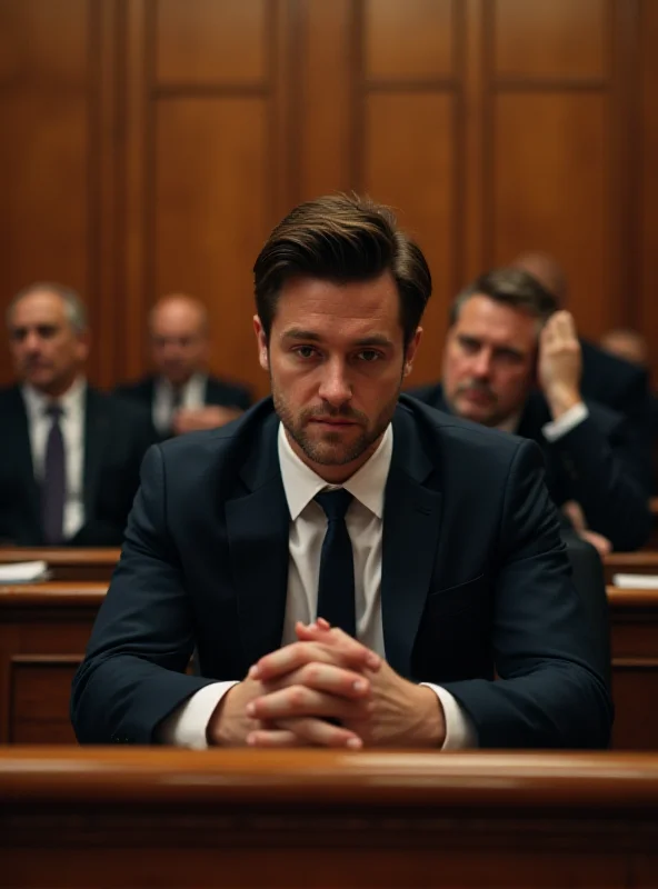 A courtroom scene, with a young man (Corey Gauci) sitting at the defendant's table, looking concerned. A lawyer is standing next to him.