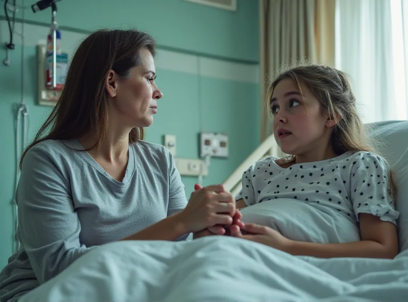 A worried mother sits by her daughter's hospital bed, holding her hand.