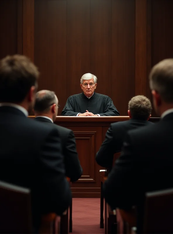 A courtroom scene, with a judge at the bench and lawyers arguing a case.