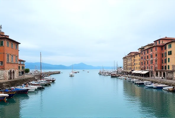 A picturesque view of the Isola Sacra coastline in Italy, showing traditional buildings and calm waters.