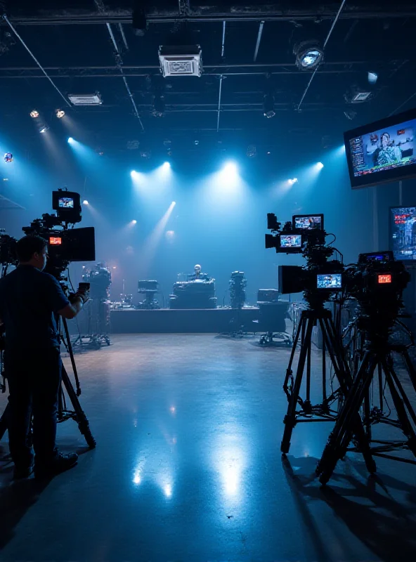 Modern television studio with cameras and lighting equipment.