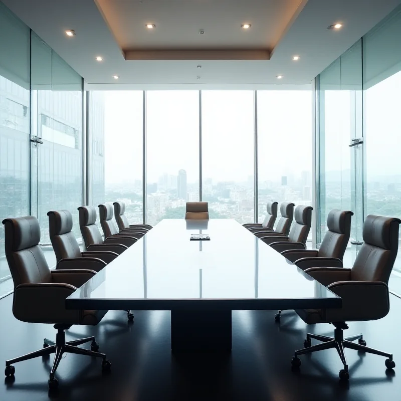 Meeting room with a large table and chairs, modern design, suggesting a board meeting.