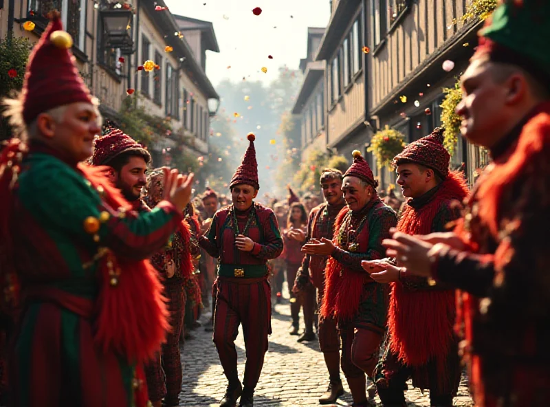 A lively scene from a German Carnival celebration, with people in colorful costumes and masks chanting and dancing in the streets.