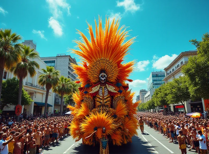 A vibrant scene from the Rio de Janeiro Carnival, with a massive parade float covered in colorful decorations and performers in elaborate costumes dancing.