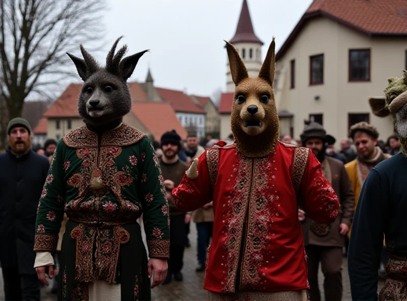 A scene from a Czech Carnival celebration, with people in traditional folk costumes parading through a village square.