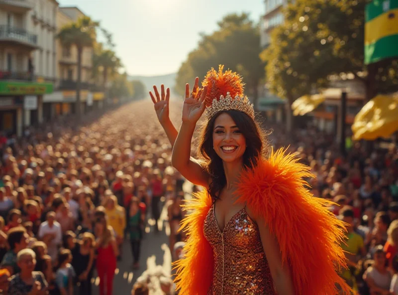 Paolla Oliveira smiling and waving to a crowd during Carnival in Rio de Janeiro.