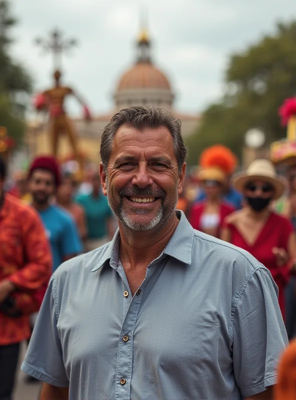 André Marques smiling and talking to someone at a parade during Carnival in Rio de Janeiro.