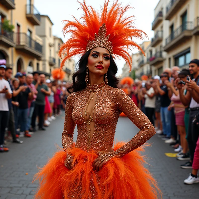 Sheron Menezzes dressed in a elaborate Carnival costume, posing for the camera.