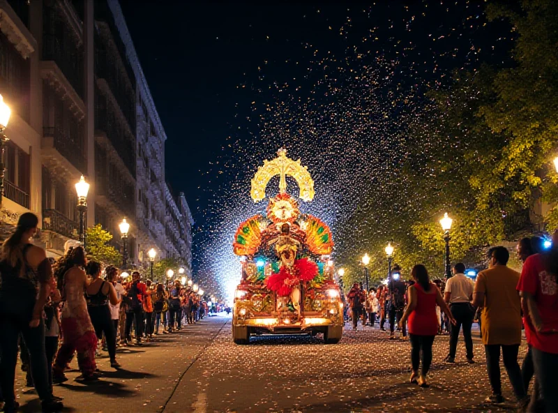 A vibrant Carnival parade in Rio de Janeiro, with colorful floats and dancers, captured at night.