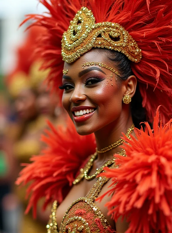 A close-up shot of a smiling Samba dancer in a vibrant, feathered costume during the São Paulo Carnival parade.