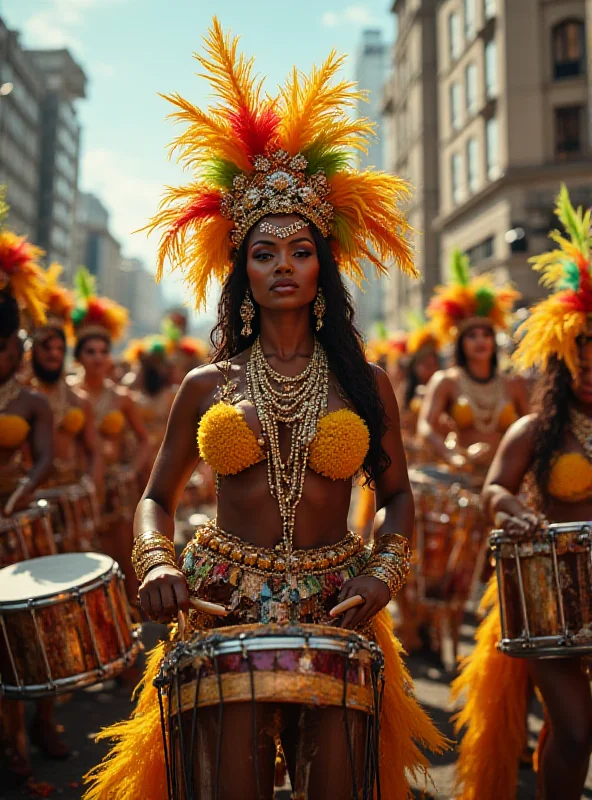 A vibrant drum godmother leading a samba school bateria during Carnival in Rio de Janeiro.