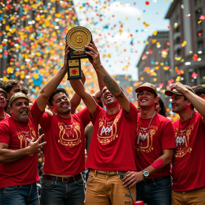 A celebratory scene with members of Rosas de Ouro samba school holding up the championship trophy.