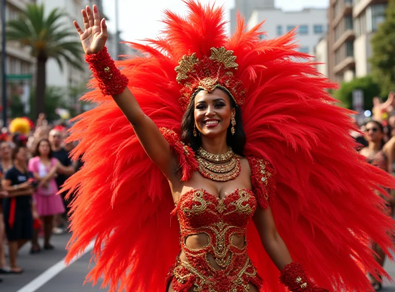 Flávia Alessandra in vibrant Carnival costume waving to the crowd.