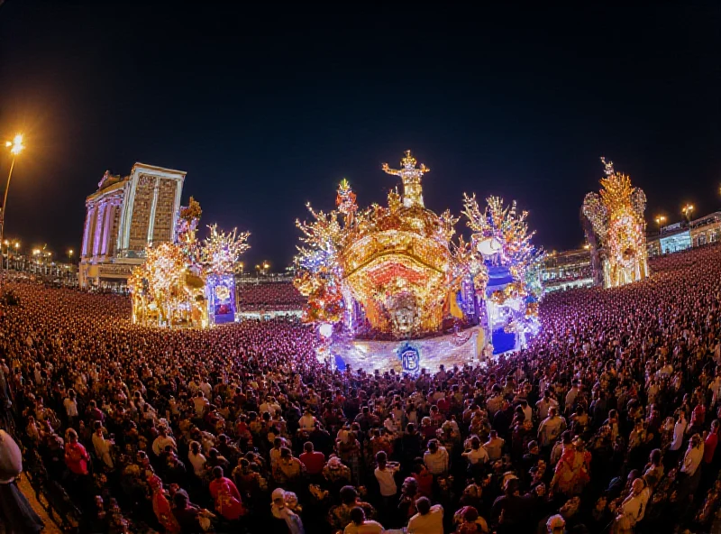 Crowd shot of Sapucaí parade with brightly lit floats and performers.