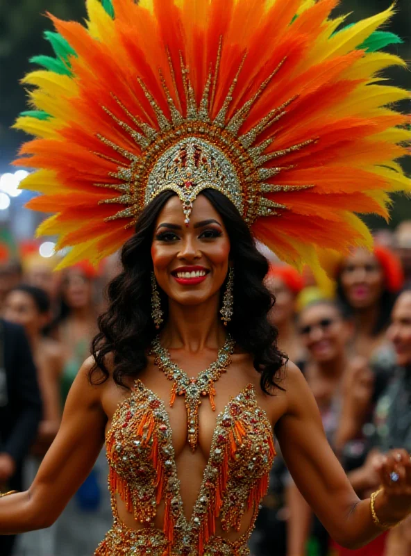 Close-up of a samba queen in elaborate headdress and costume dancing during the parade.