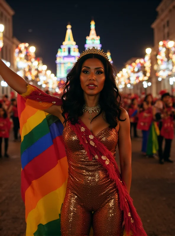 Mayara Lima holding a rainbow flag at the Sapucaí parade