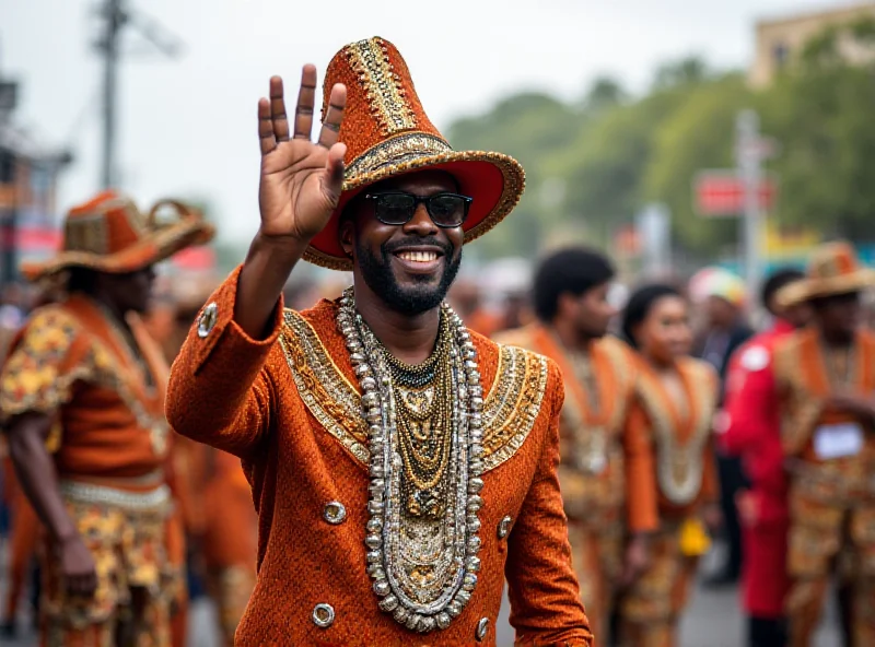 Seu Jorge smiling and waving during a carnival parade