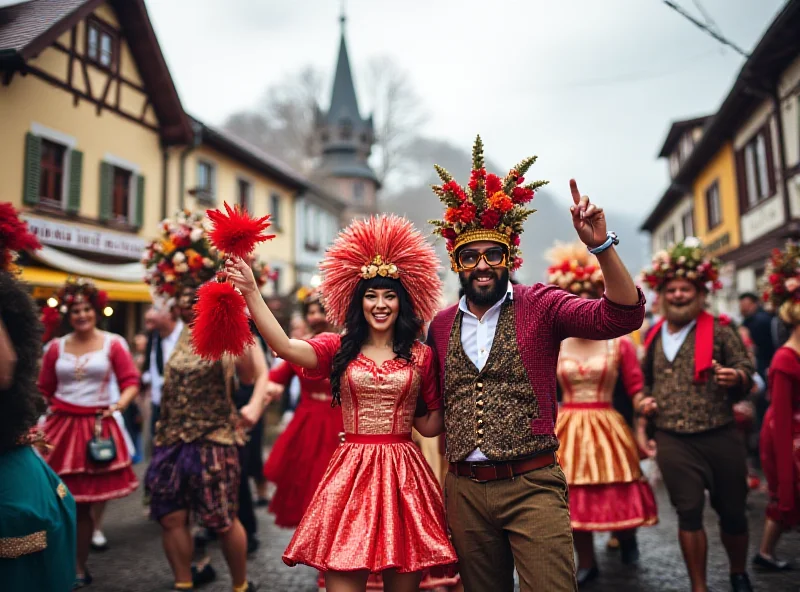 Carnival celebration in Mittenwald with people in traditional costumes and masks