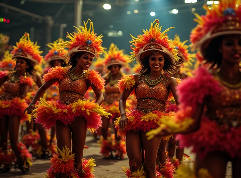 A vibrant scene from the Rio Carnival, showing dancers in elaborate costumes performing in the Sambadrome.