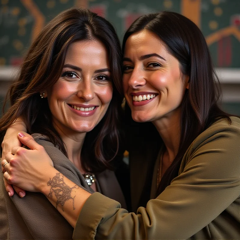 A split image of Debora Bloch and Fernanda Torres embracing each other warmly, set against a backdrop of a stage or movie set.