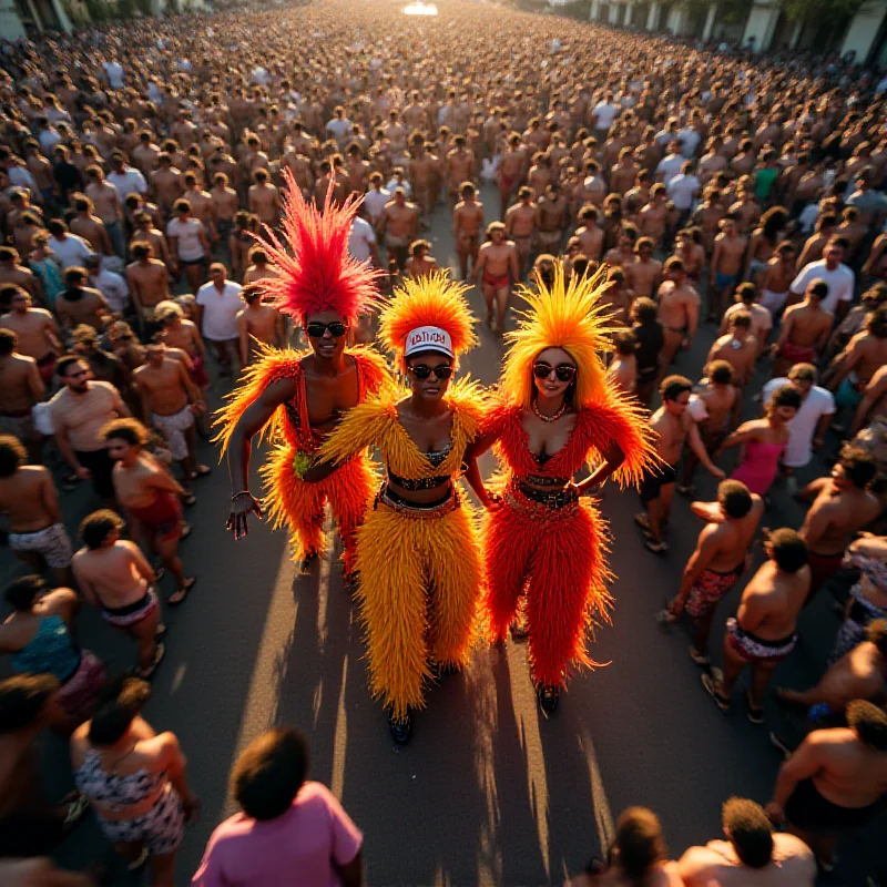 Overhead view of a modern electric trio moving through the crowds at Salvador Carnival.