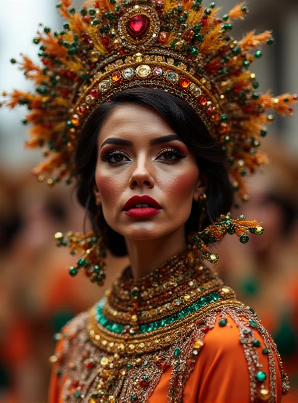 A close-up image of a samba queen wearing an elaborate collar during a carnival parade.