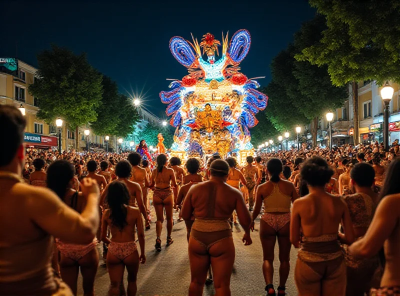 Crowds celebrating during a colorful carnival parade in Brazil.