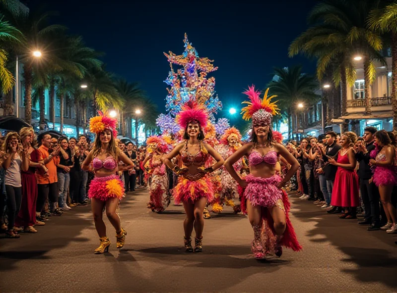 A vibrant Carnival parade scene at night, with dancers in elaborate costumes and bright lights.