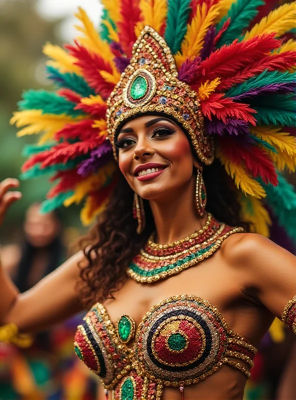 Close-up of a samba dancer in a colorful costume, showcasing intricate details and vibrant feathers.