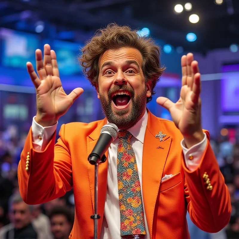 Milton Cunha, a flamboyant commentator, gesturing enthusiastically during a live TV broadcast of the Carnival.