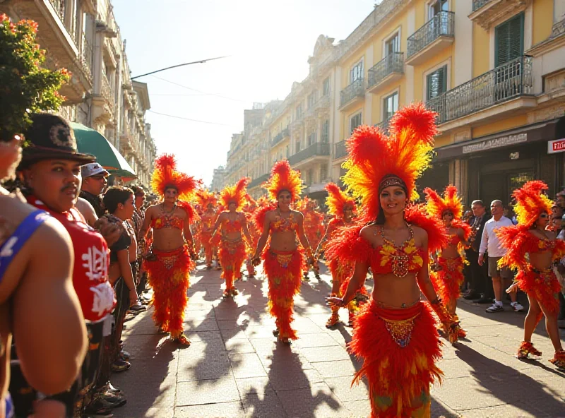 A wide shot of the vibrant Carnival parade at Sapucaí, showcasing the colorful costumes and energetic dancers.