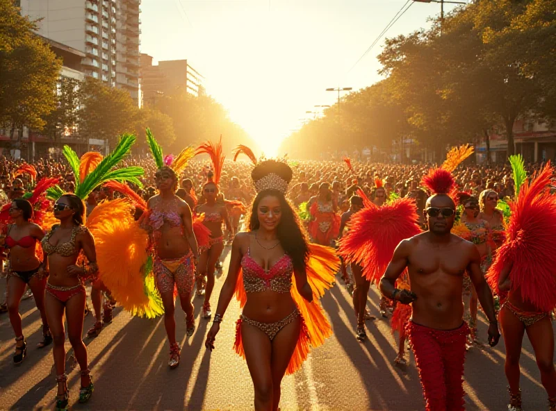 A vibrant scene from the Champions Parade at the Sambadrome in Rio de Janeiro. Samba dancers in colorful costumes fill the avenue, backed by elaborate floats.