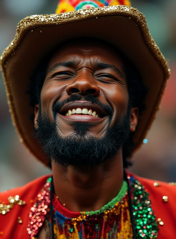 A close-up portrait of Neguinho da Beija-Flor, a famous samba school interpreter, expressing deep emotion. He's wearing a traditional Carnival outfit, and the background is a blur of the Sambadrome.