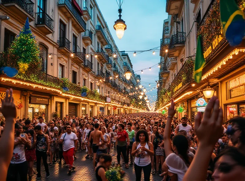 Wide angle shot of Avenida da Sapucaí during the Rio Carnival. The avenue is packed with samba dancers, musicians, and elaborate floats. The crowd is cheering and waving flags.