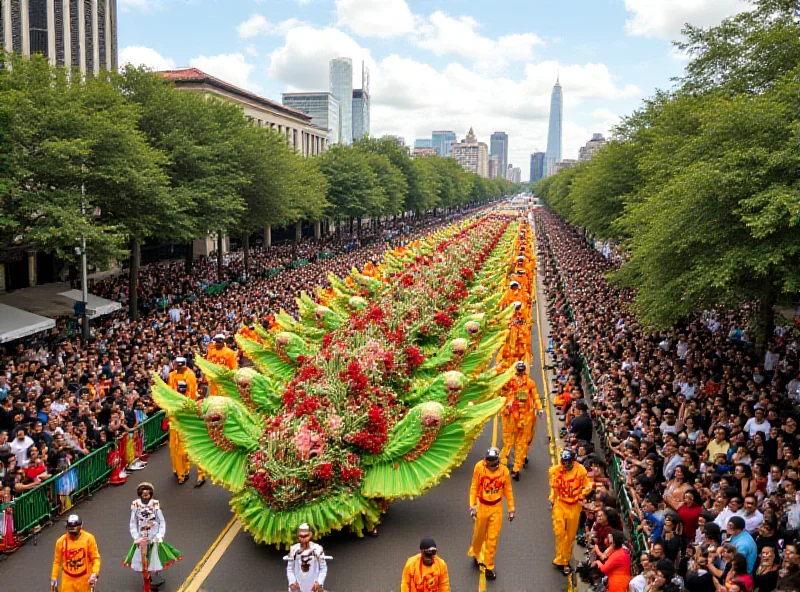 A panoramic view of the Império de Casa Verde samba school parading during the São Paulo Carnival, showing elaborate floats, dancers in vibrant costumes, and a cheering crowd.