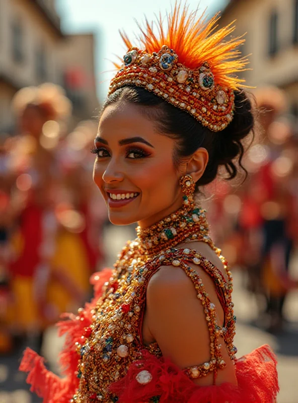 A close-up shot of a dancer from Acadêmicos de Niterói in a detailed, colorful costume representing the June Festival, with a backdrop of the parade and cheering spectators.