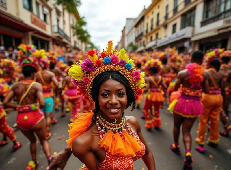 A vibrant carnival scene with dancers in colorful costumes and a large crowd celebrating in the streets of Salvador, Brazil.