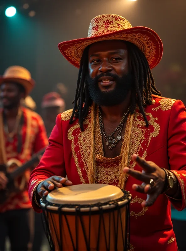 Close-up shot of Carlinhos Brown performing on stage during the Arrastão de Cinzas at the Salvador Carnival.