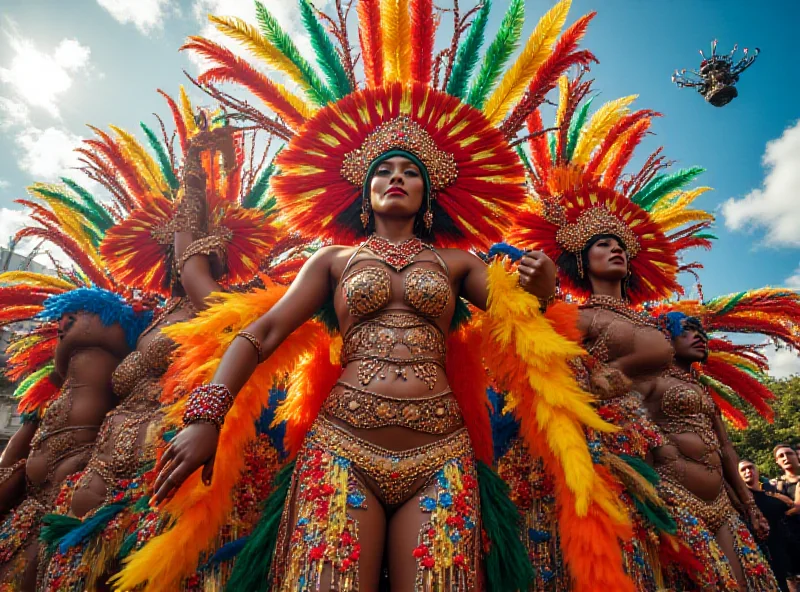 A vibrant float from the Unidos de Padre Miguel samba school in Rio Carnival, showcasing elaborate costumes and energetic dancers.