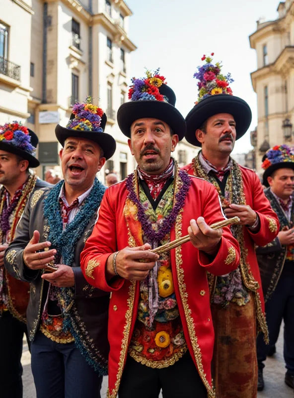 A group of performers in colorful costumes during the Cádiz Carnival, Spain, showcasing a satirical performance with musical instruments.