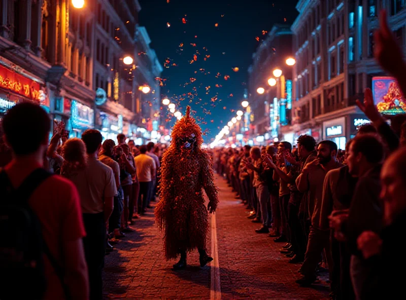 A wide shot of a vibrant Carnival parade at night, with bright lights, elaborate costumes, and cheering crowds lining the streets.