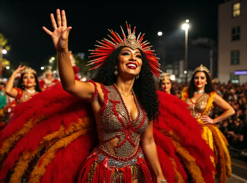 Fabíola de Andrade, Queen of Mocidade Independente, in a vibrant carnival costume, smiling and waving to the crowd during the parade.