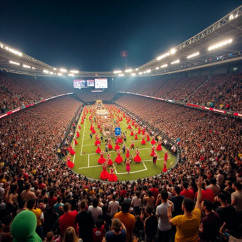 A wide-angle shot of the Sapucaí Sambadrome during a Carnival parade, filled with colorful floats, dancers in elaborate costumes, and a cheering crowd, under the bright lights of the stadium.