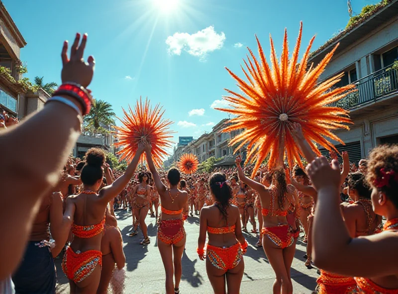 A vibrant scene of the Carnival parade at Sapucaí, with elaborate floats and dancers in colorful costumes.