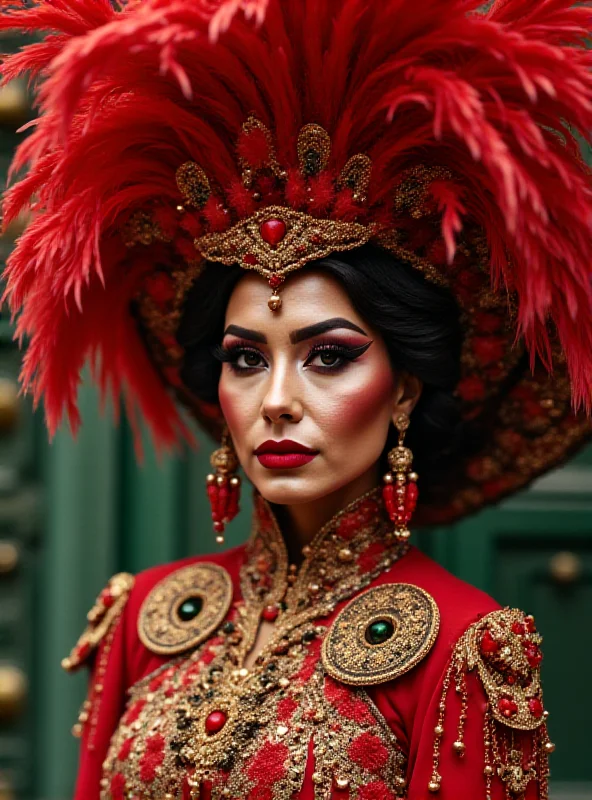 A close-up shot of Patrícia Poeta in her elaborate Carnival costume, showcasing intricate details and vibrant colors.